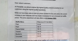 PrimaDeli Increases Their Waffle Prices by $0.20 Each Due to Increase in Raw Material Costs featured image